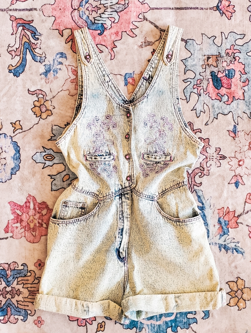 Vintage 100% Cotton Embrodiered Denim Acid Wash Junpsuit Romper